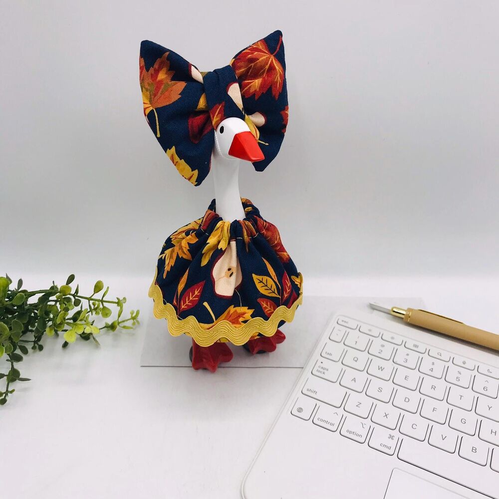 Desk Goose Dress & Bow Outfit For 7" Desktop Goose Handmade Fall Leaves Apples